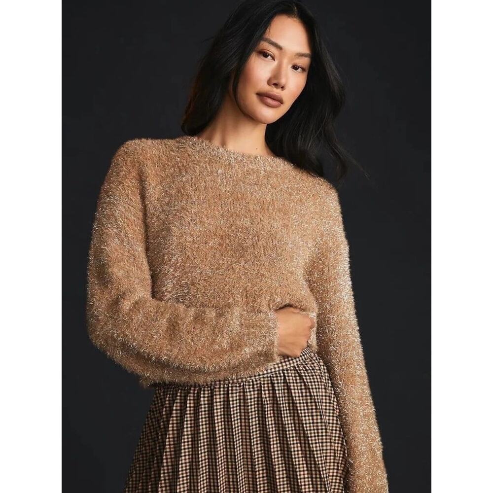 MAEVE Anthropologie Eyelash Tinsel Cropped Pullover Sweater Medium Sand / Sable